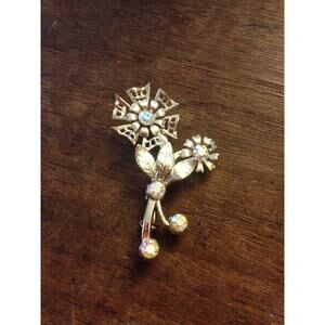 5/$25 Metal Flower Gold & AB Rhinestone Brooch